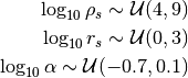 \log_{10} \rho_s \sim \mathcal{U}(4, 9) \\
\log_{10} r_s \sim \mathcal{U}(0, 3) \\
\log_{10} \alpha \sim \mathcal{U}(-0.7, 0.1) \\